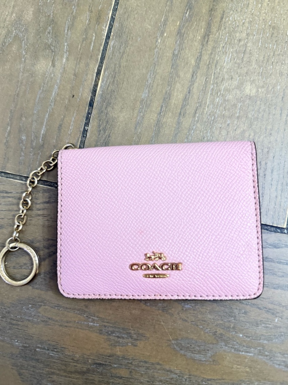 Coach Light Pink Leather Card Holder with Gold Key Ring